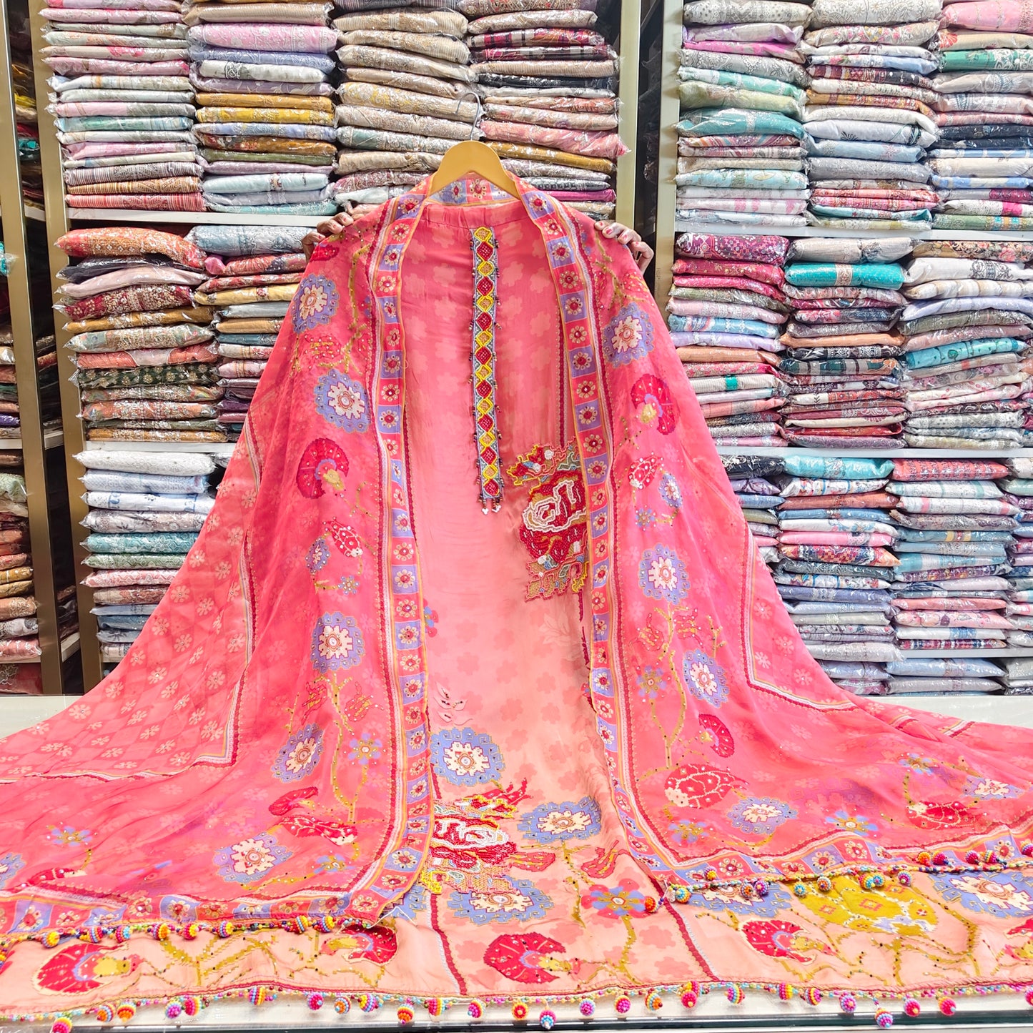 Floral Crepe Unstitched Suit with Karachi Work & Organza Dupatta