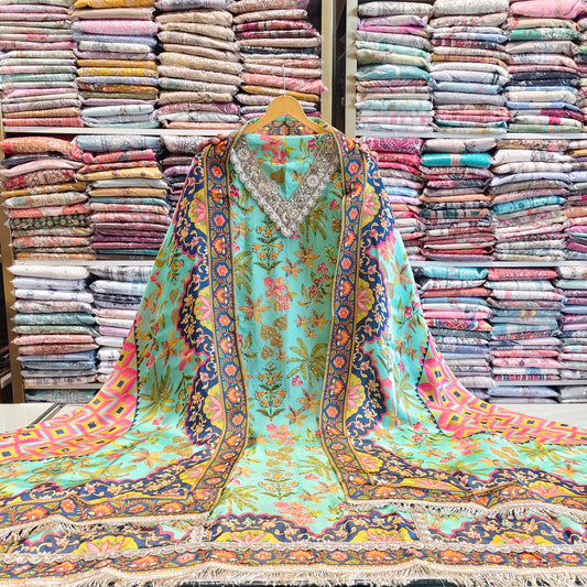 Floral Crepe Unstitched Suit with Zarkan, Katdana & Sequins Work