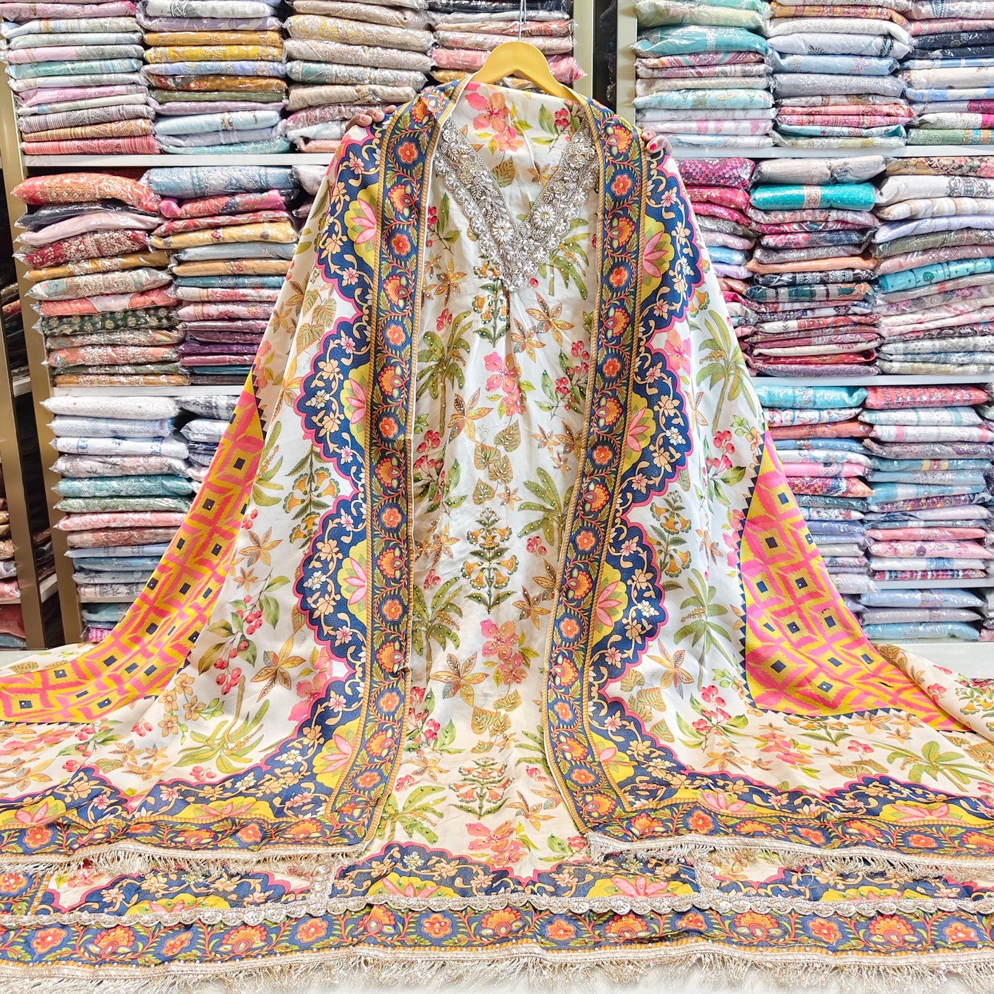 Floral Crepe Unstitched Suit with Zarkan, Katdana & Sequins Work