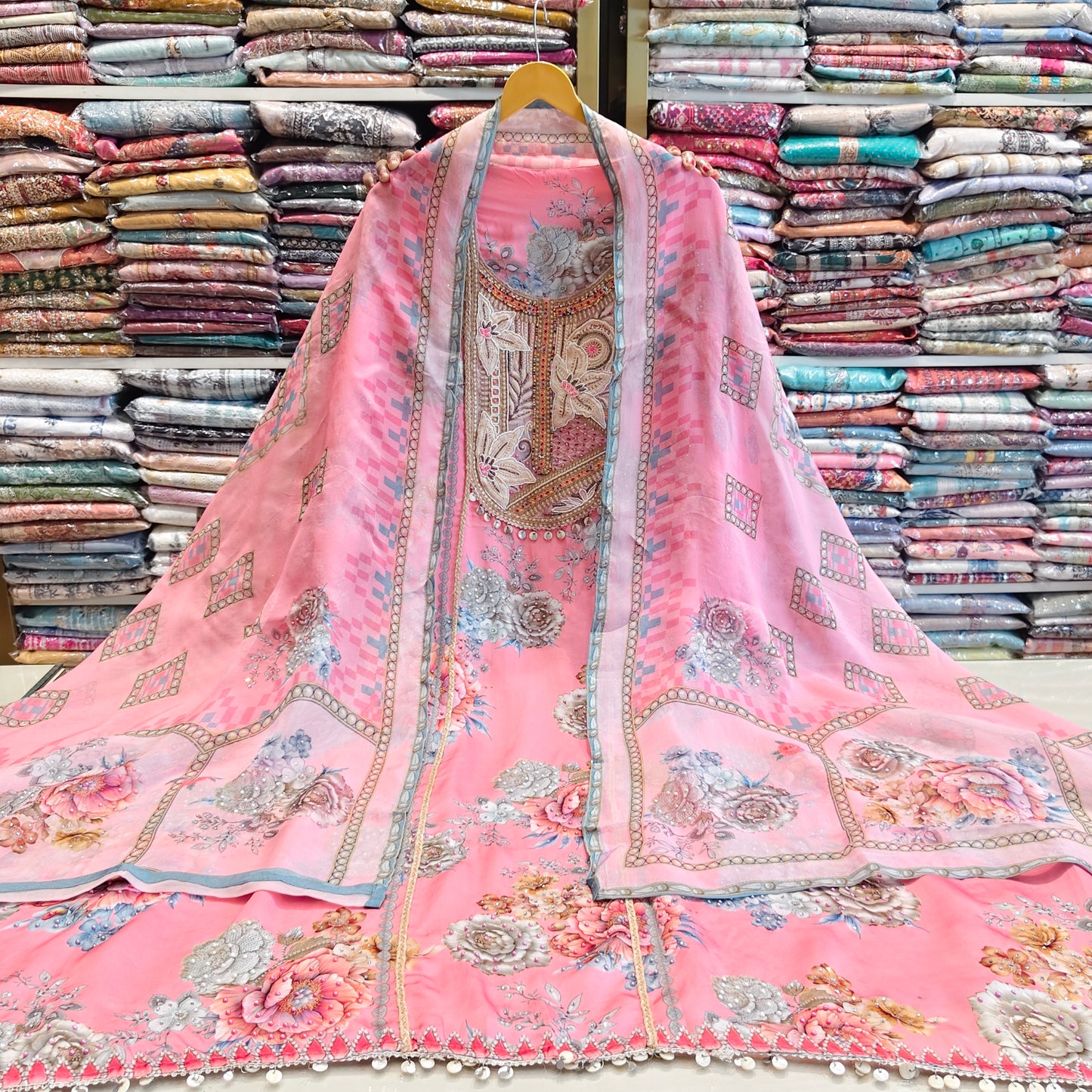 Baby Pink Organza Suit Set
Zarkan Work Unstitched Suit
Floral Organza Dress Material
Designer Organza Suit with Dupatta
Elegant Pink Ethnic Suit India