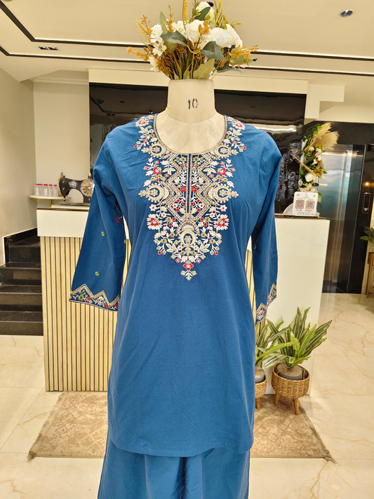 Blue Cotton Plazzo Co-Ord Set