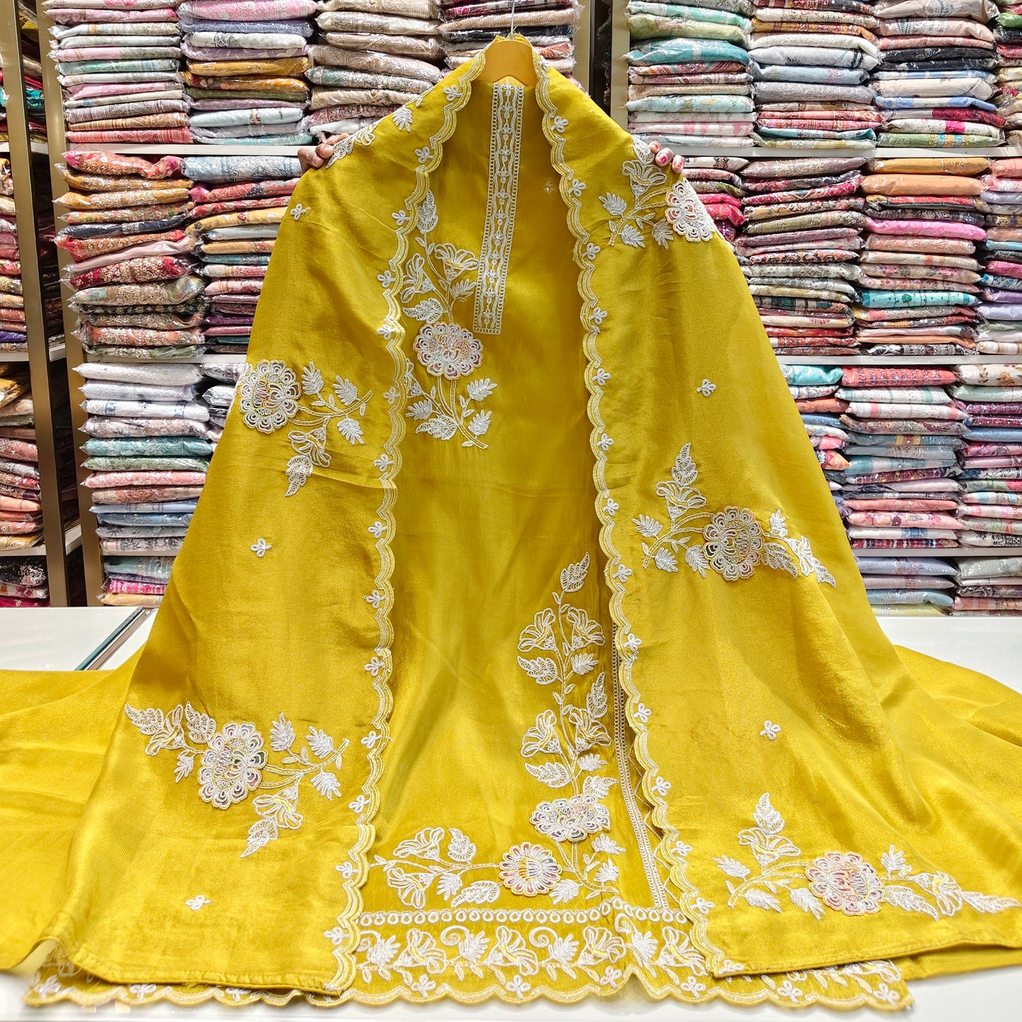 Mustard tissue suit set
Dori patch work ethnic wear
Designer festive unstitched suit
Tissue dupatta party wear suit
Elegant mustard traditional outfit