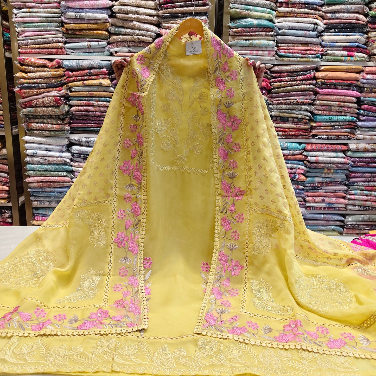 Mustard organza suit
Resham work unstitched suit
Organza dupatta ethnic wear
Designer festive suit set
Elegant mustard party wear suit