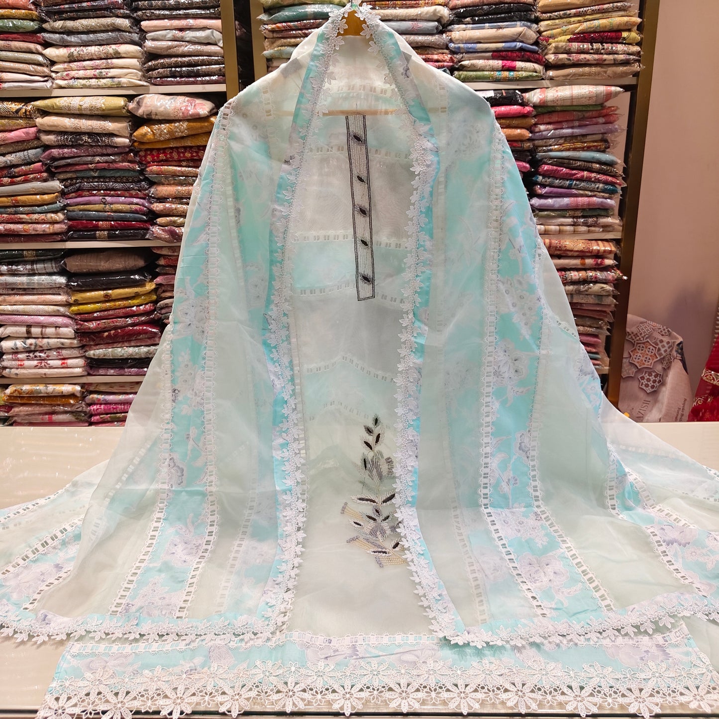 Mint Green Organza Suit Set
Handwork Organza Dress Material
Thread Work Festive Suit
Elegant Unstitched Ethnic Wear
Organza Dupatta Suit Set