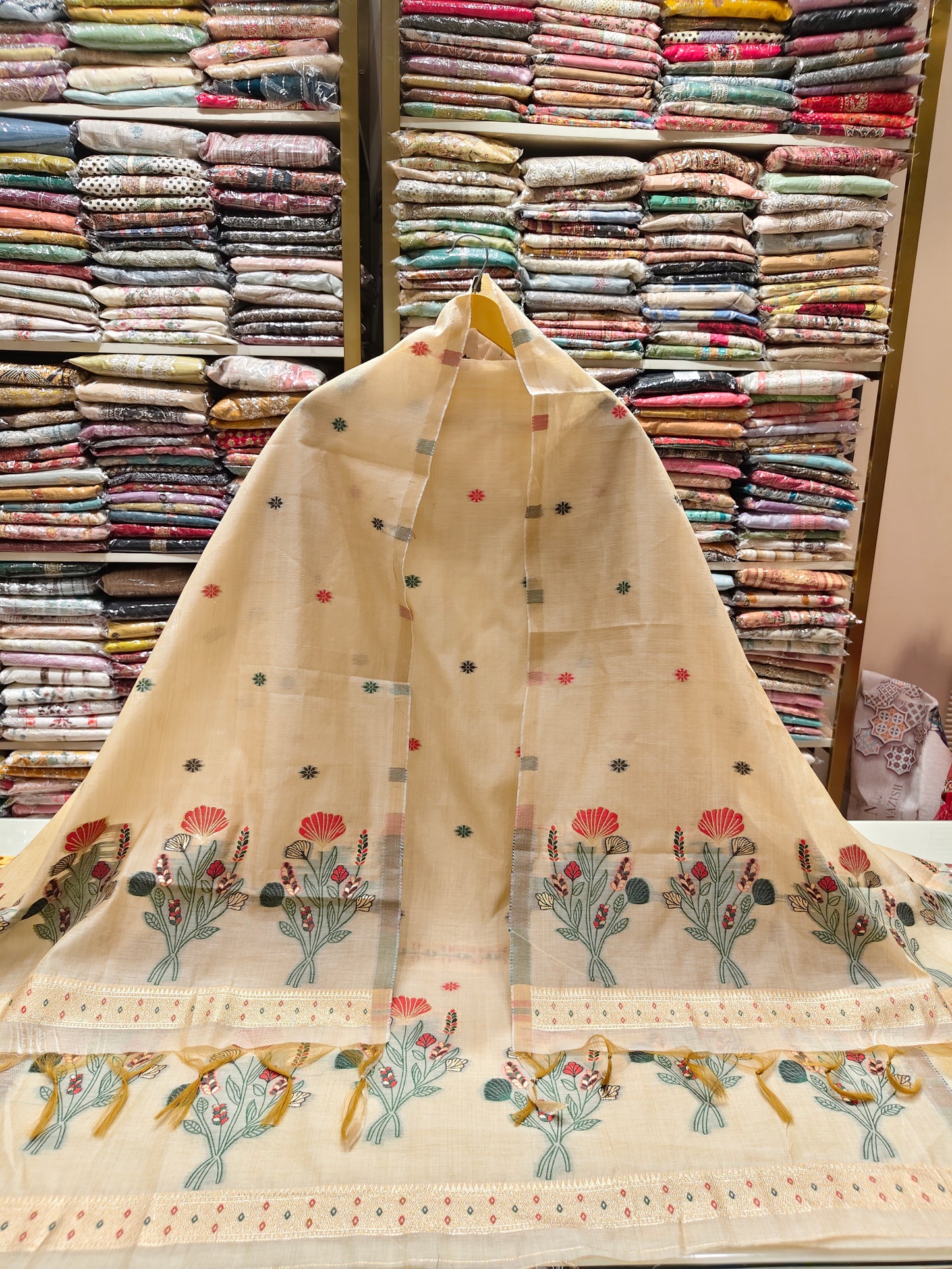 Fawn cotton suit set
Zari resham work suit
Unstitched cotton ethnic wear
Cotton dupatta with thread hanging
Elegant festive cotton outfit