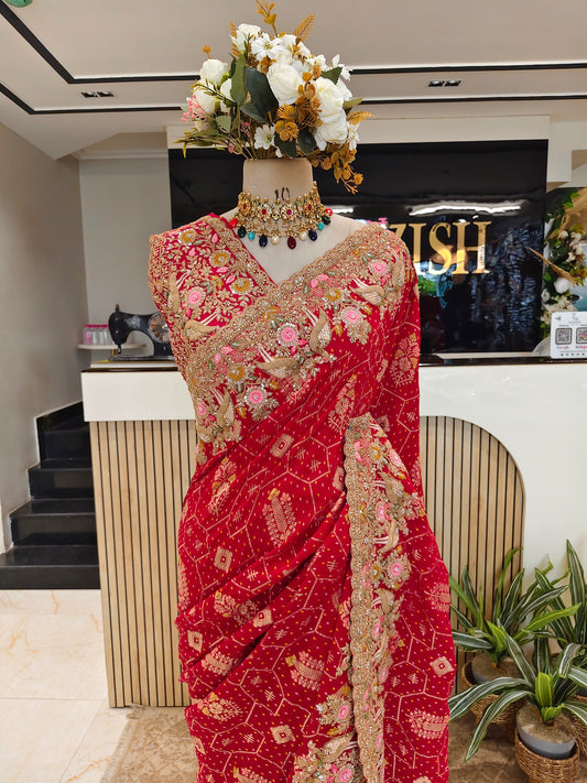 Red Khaddi Georgette Saree with Chunari & Zarkan Work