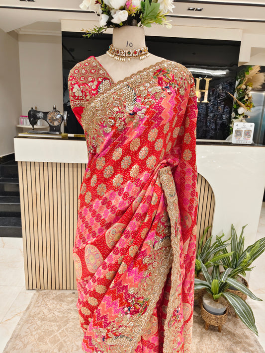 Red Georget Handloom Designer Saree