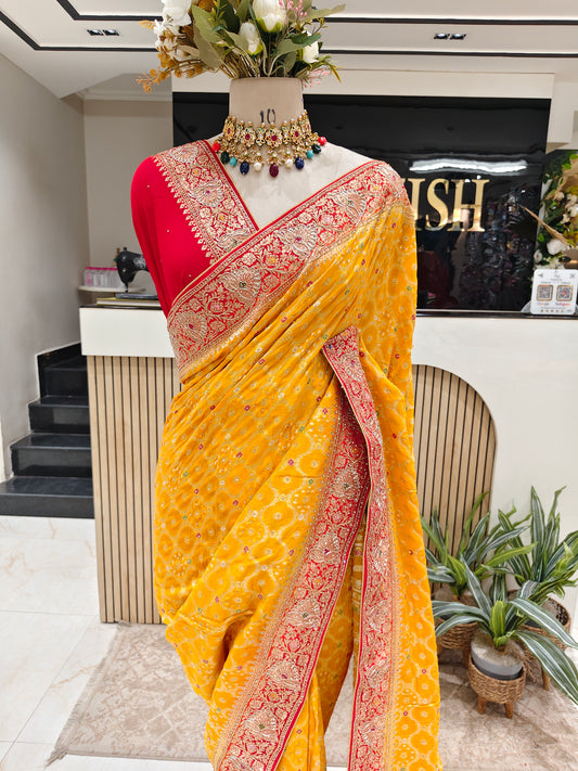 Yellow & Red Georget Designer Saree