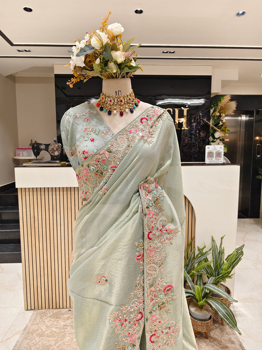 Sea Green Tissue Designer Saree