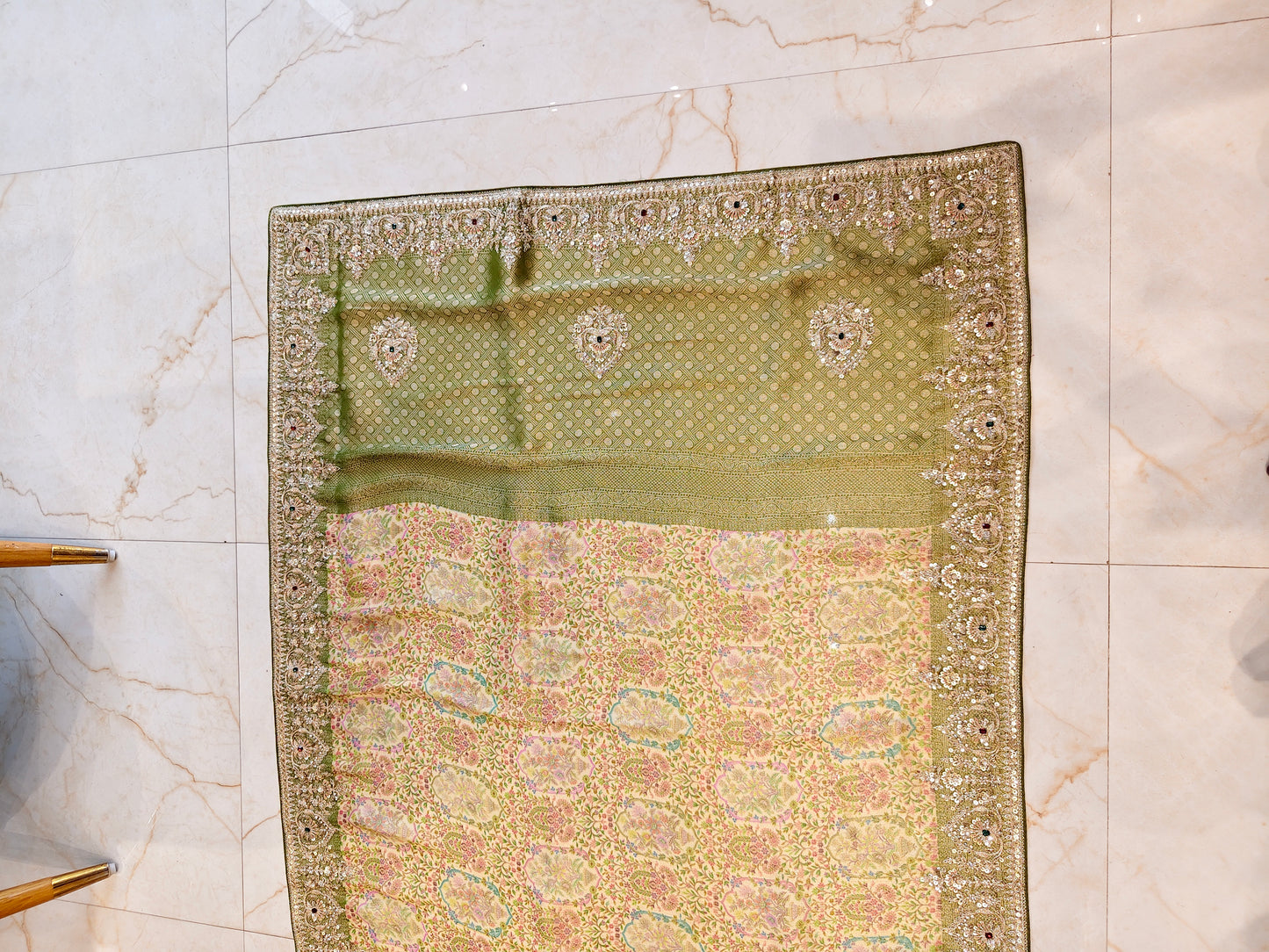 Mehndi Green Tissue Saree with Zarkan & Resham Work