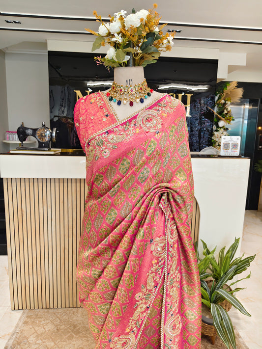Pink Tissue Saree with Zarkan & Resham Work