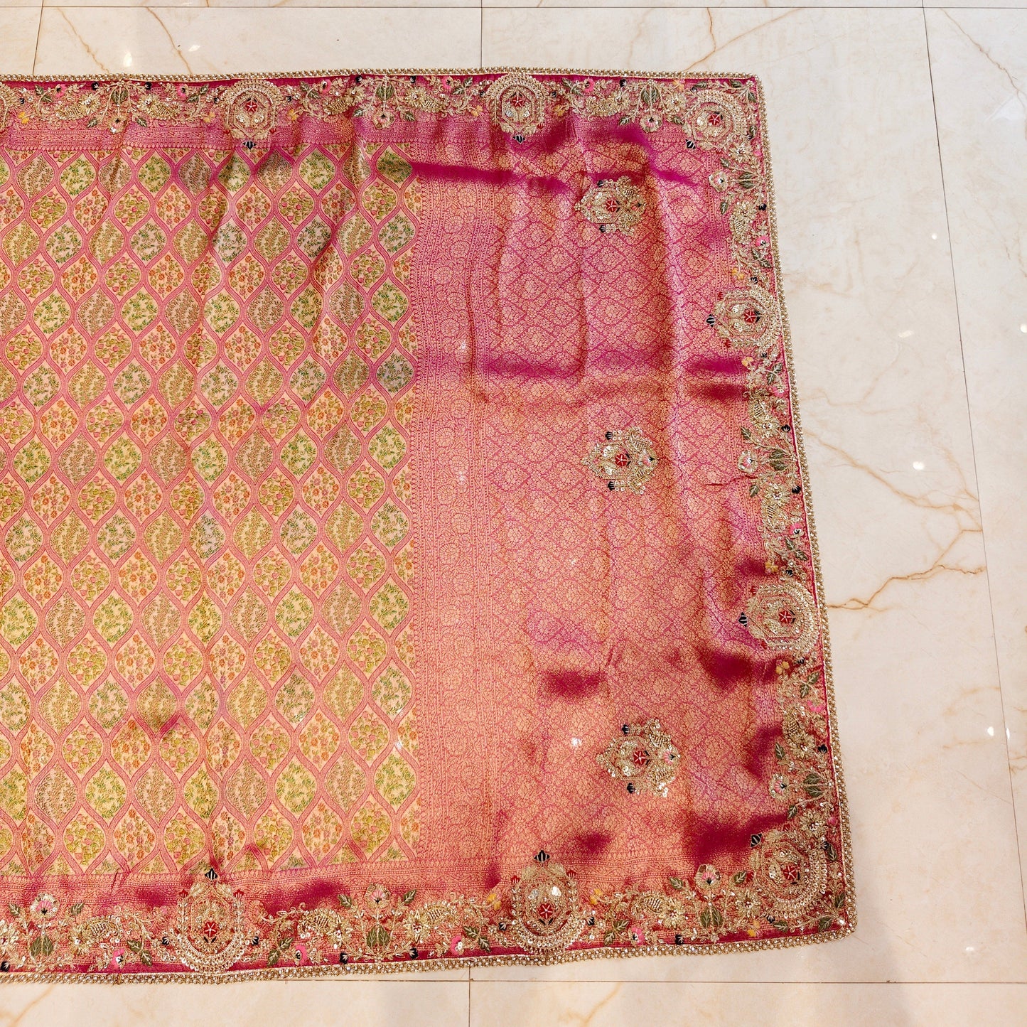 Pink Tissue Saree with Zarkan & Resham Work