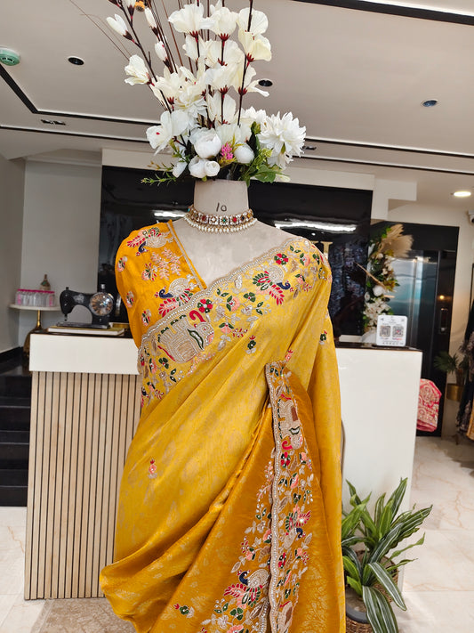 Mustard Birds Motif Tissue Saree
