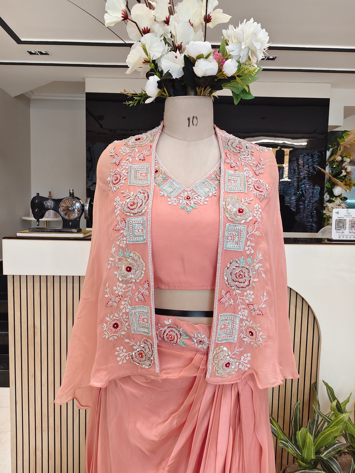 Peach Organza Drape Skirt Palazzo Set