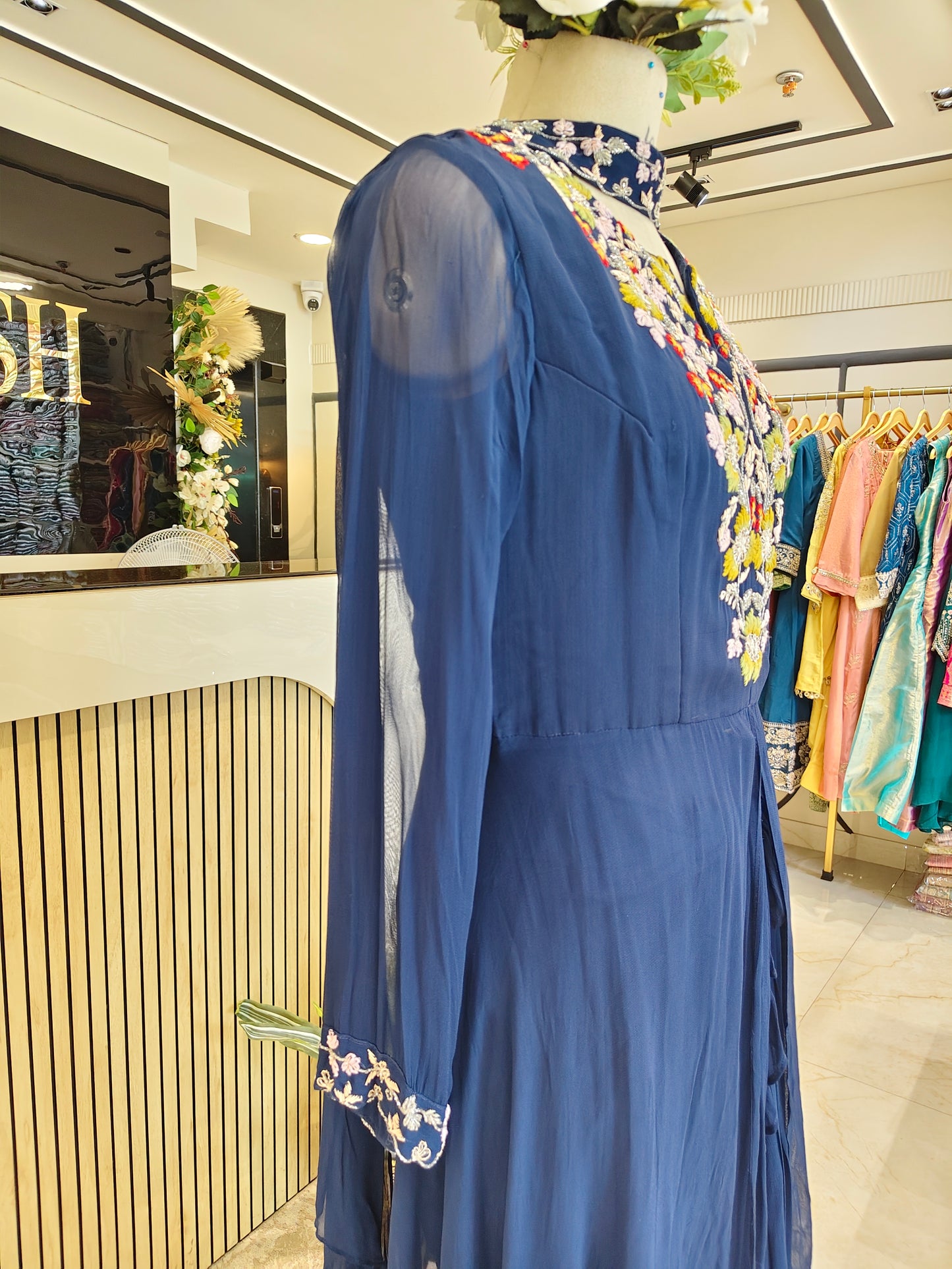 Navy Blue Resham Dabka Drape Skirt Set