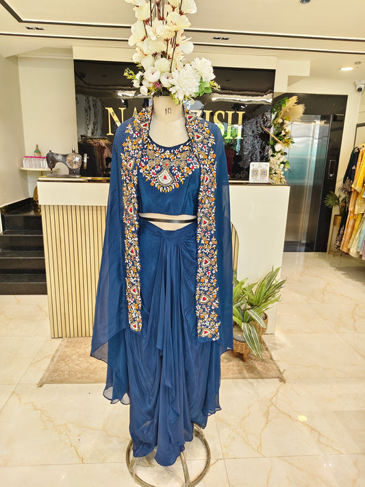 Royal Blue Handworked Drape Skirt Set
