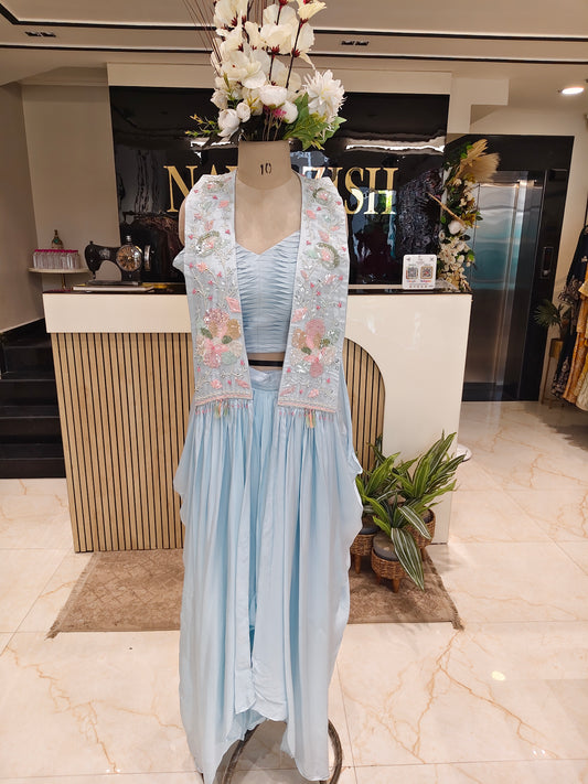 Sky Blue Handworked Drape Skirt Set