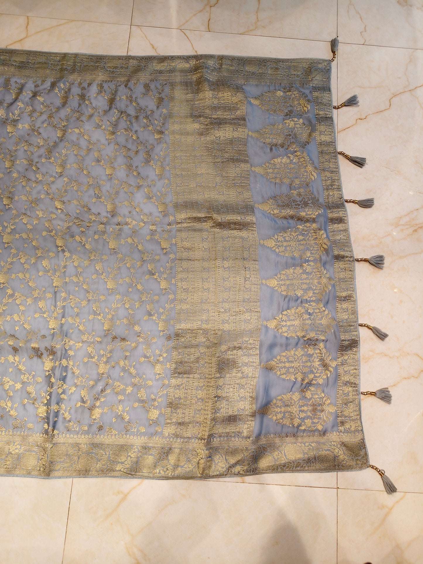 Sky Blue Zari work Crepe Saree