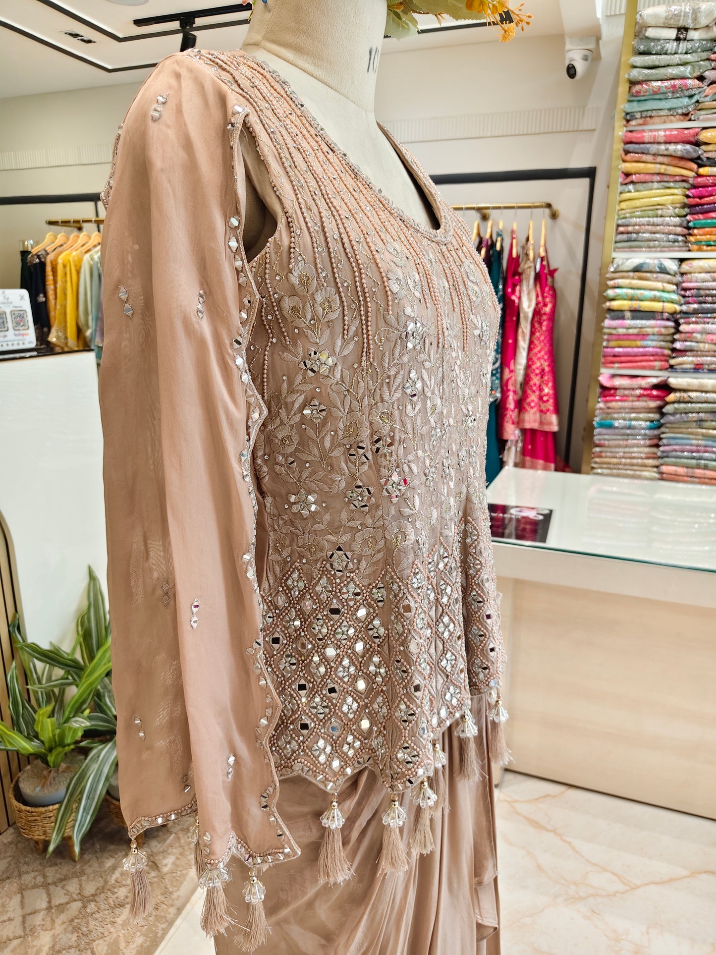 Beige Organza Drape Skirt Set