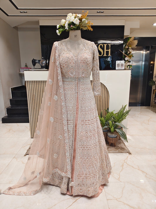 Peach Handcrafted Net Anarkali Set