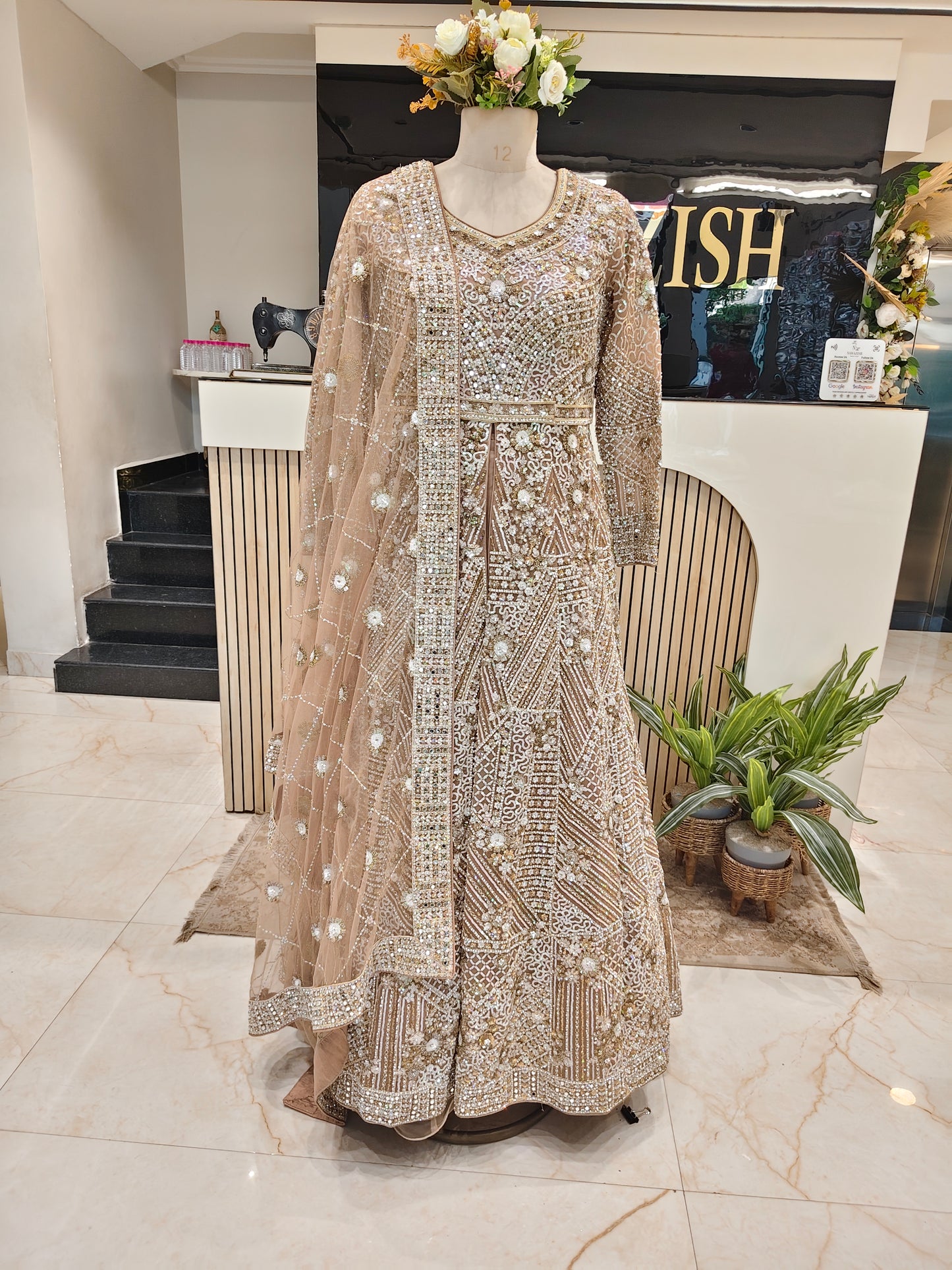 Beige Mirror Glow Net Anarkali
