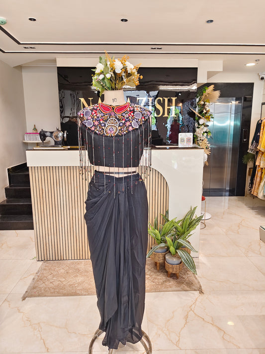Black Drape Skirt Cape Set