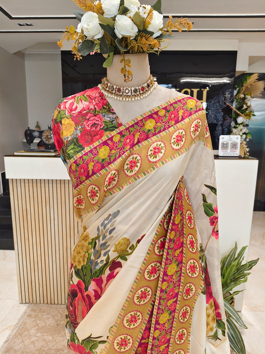 Cream & Red Floral Silk Saree
