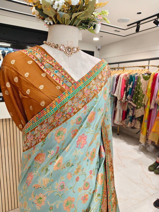 Rust & Sea Green Modal Crepe Saree