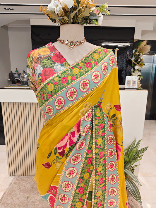 Mustard Floral Silk Saree