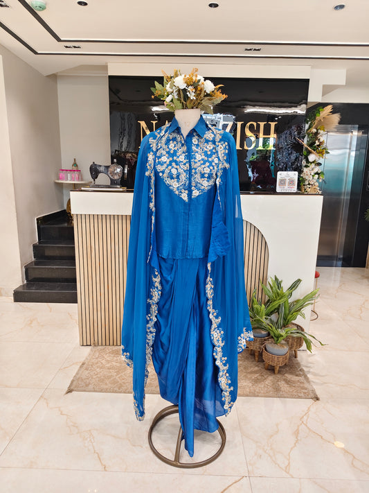 Blue Drape Skirt Fusion Set