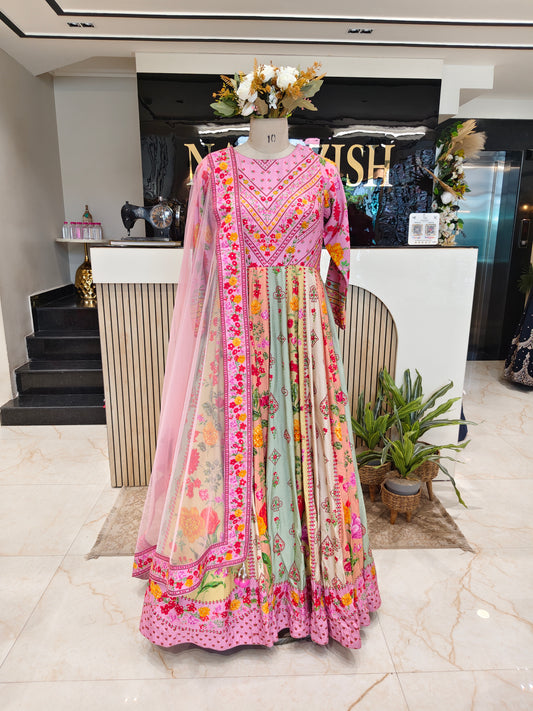Pink Floral Silk Anarkali