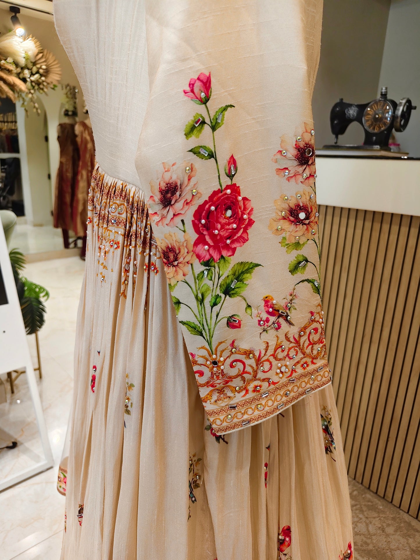 Off White Floral Silk Anarkali