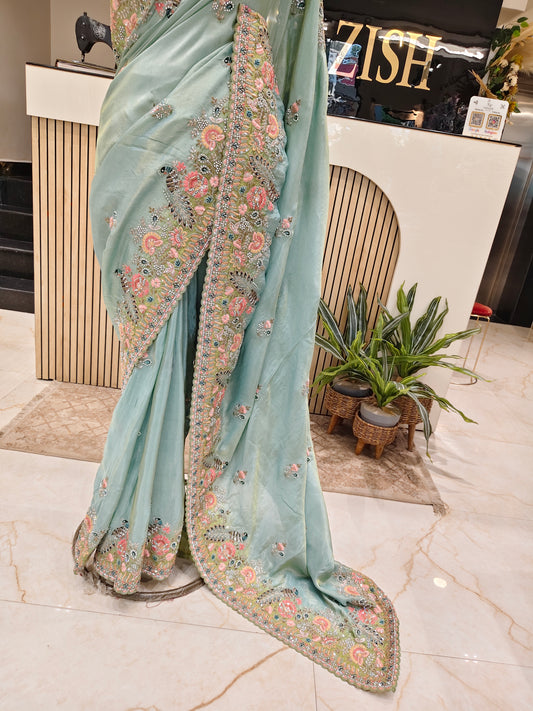 Sea Green Bird Motif Saree