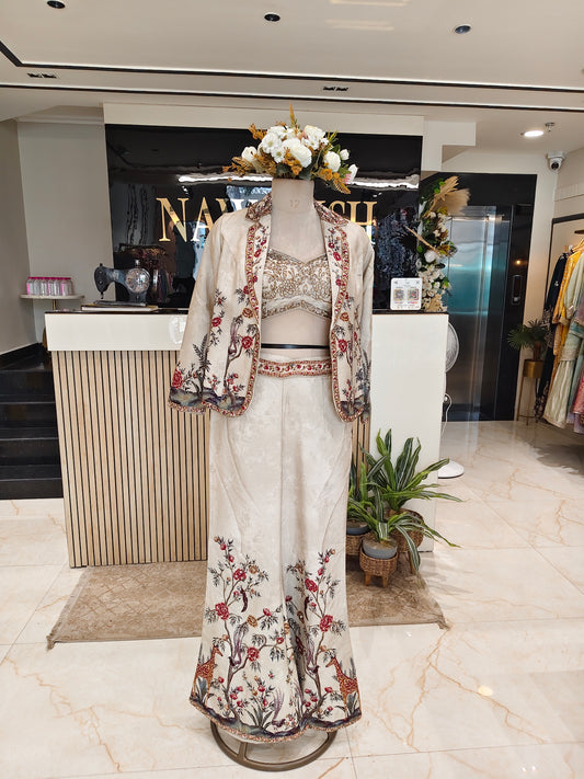 Beige Bird Motif Palazzo Set