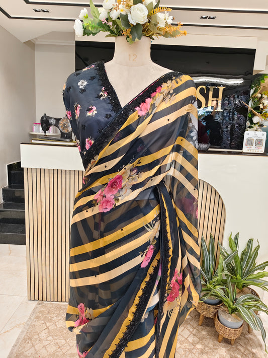 Black Floral Georgette Saree