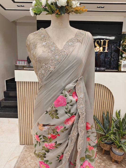 Sea Green Floral Satin Saree