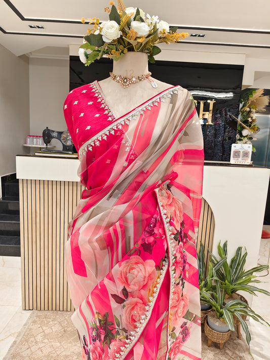 Pink Floral Organza Saree