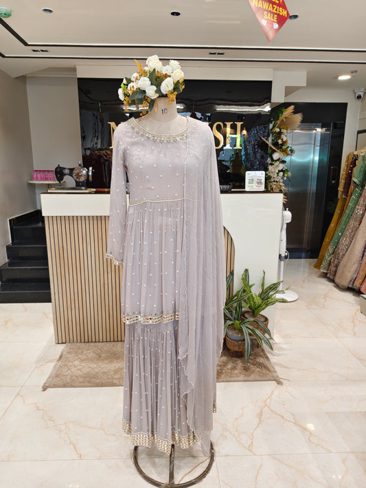 Grey Mirror Work Sharara Set