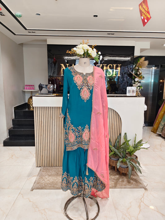 Rama Green Pink Sharara Set