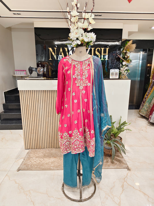 Pink Blue Anarkali Pant Set