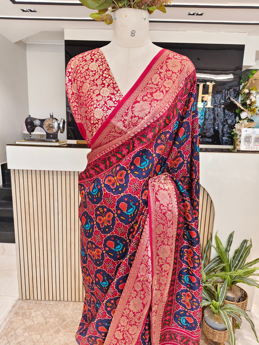 Maroon Ikat Printed Silk Saree