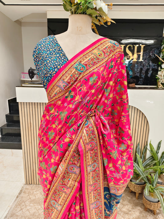Rani Pink & Blue Printed Silk Saree