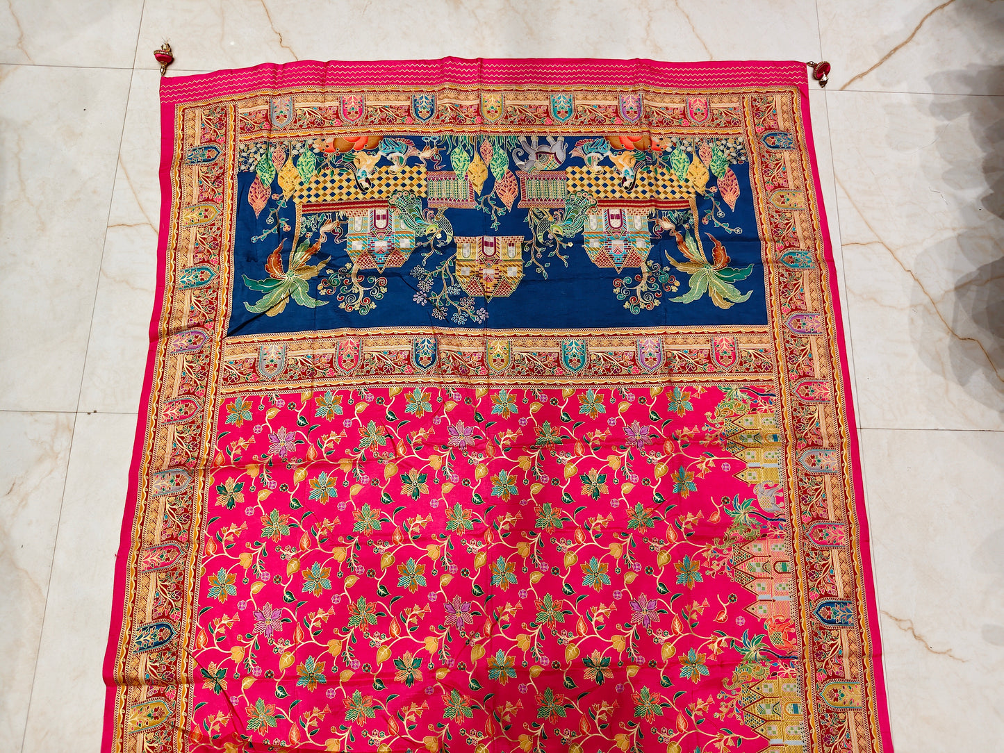 Rani Pink & Blue Printed Silk Saree