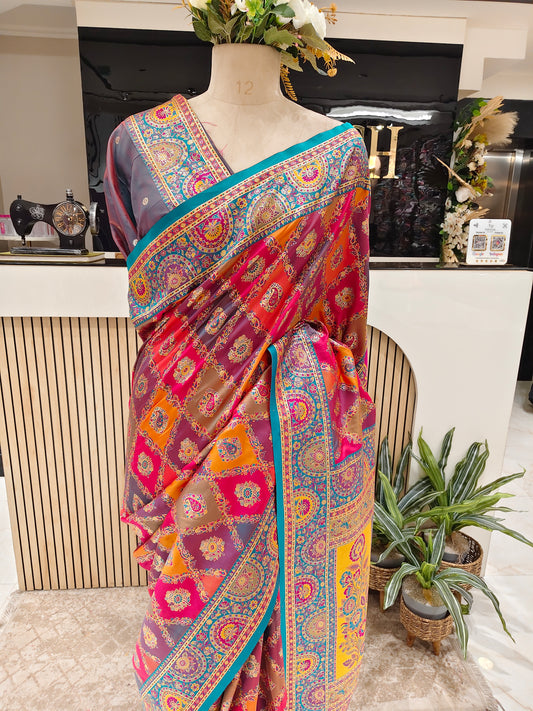 Multi Colour Floral Printed Silk Saree