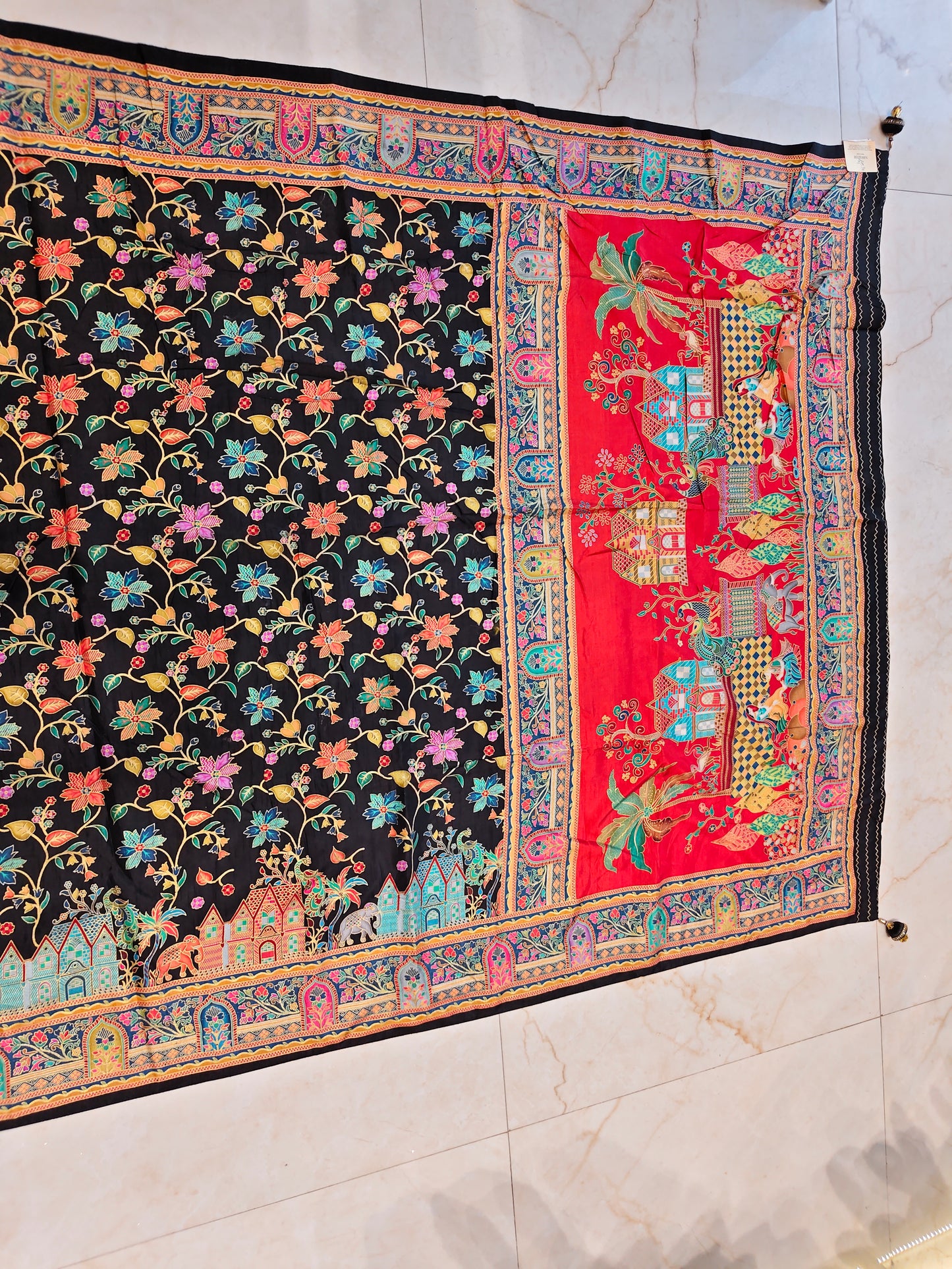 Red & Black Floral Printed Silk Saree