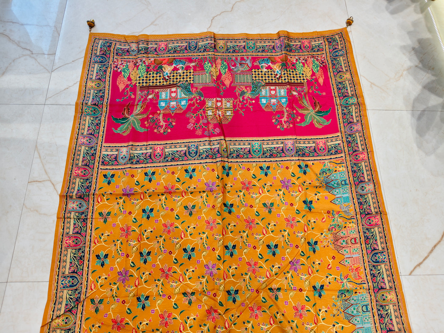 Mustard & Rani Pink Kalamkari Silk Saree