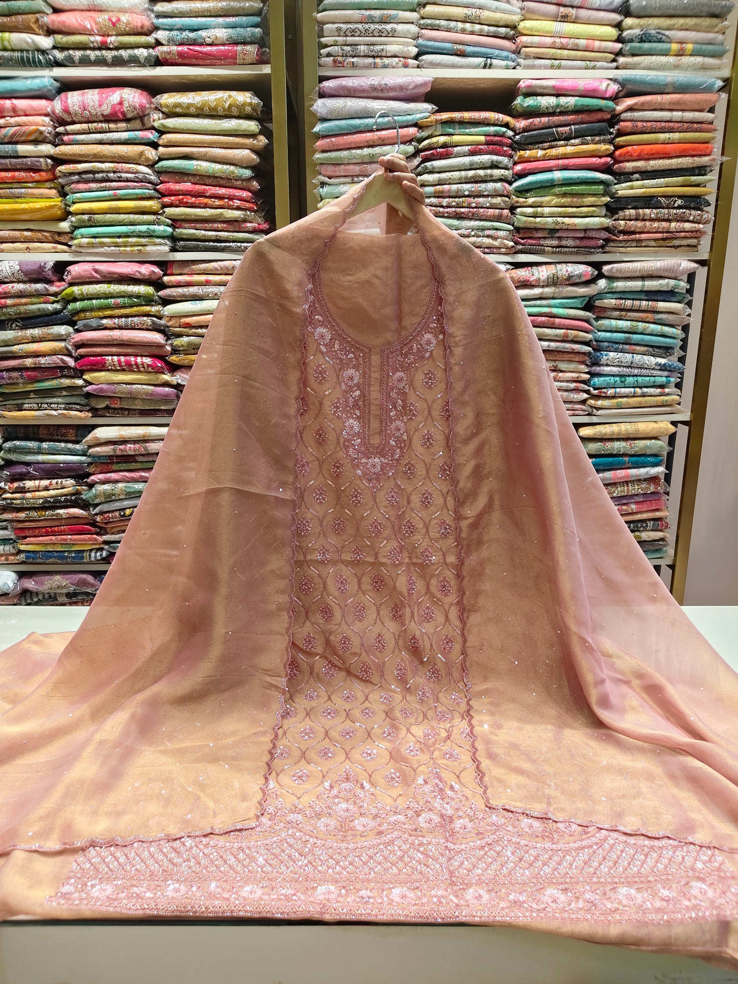Rose Gold Unstitched Suit
Tissue Suit Set
Kutdana Work Suit
Designer Festive Suit
Wedding Wear Suit