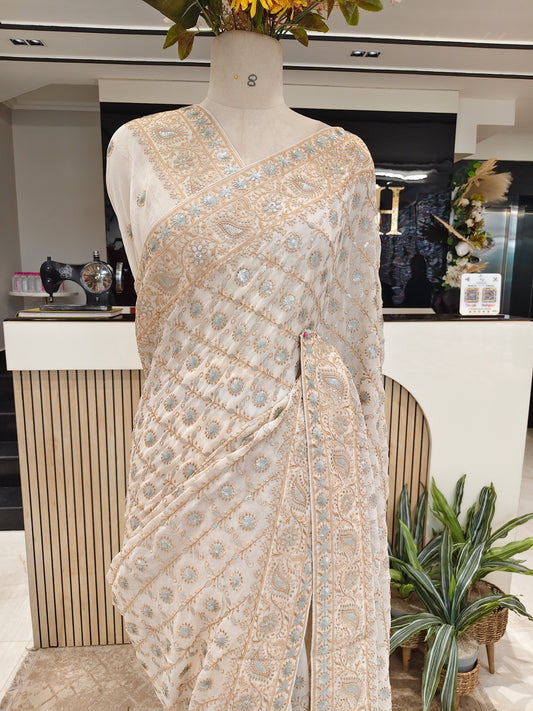 Cream Resham & Sequins Work Georgette Saree