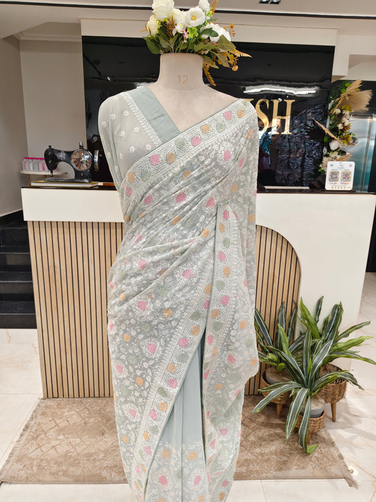 Sea Green Resham & Stone Work Georgette Saree