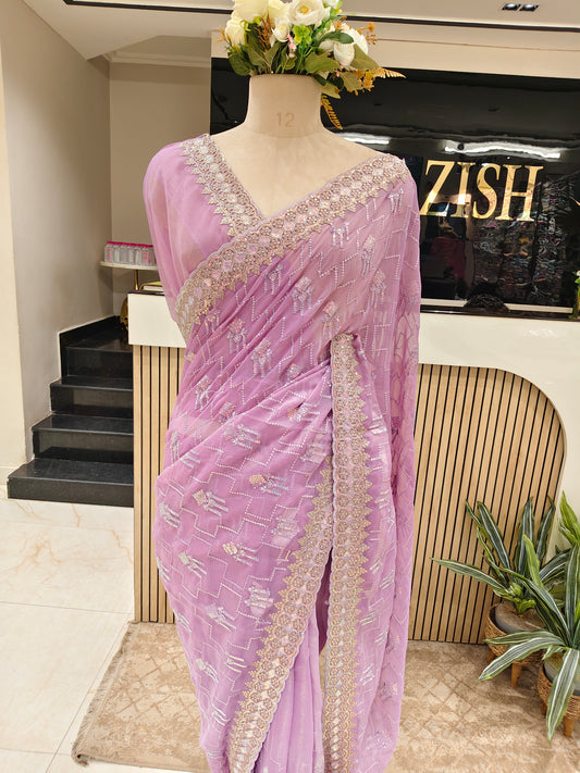 Lavender Zari & Resham Work Chiffon Saree